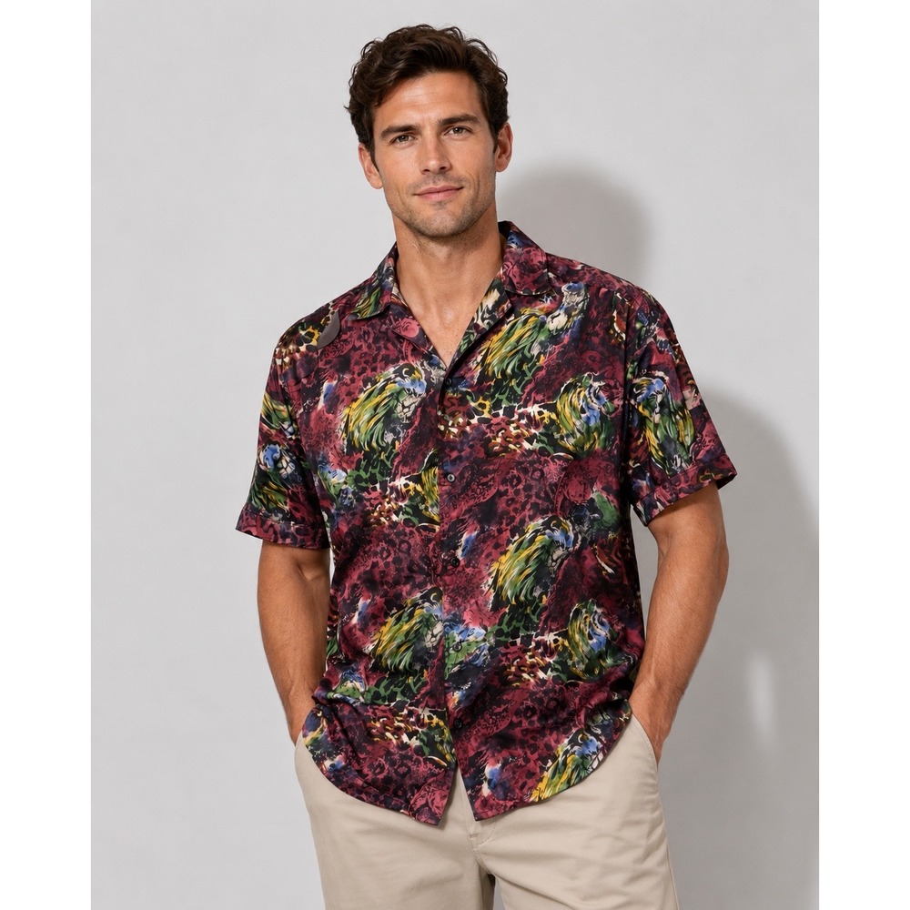 B Max 100% Silk Shirt Mens M Tropical Animal Print Button Up Lightweight Camp